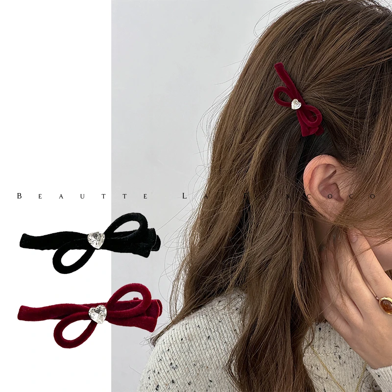 优雅氛围感黑丝绒蝴蝶结~韩国新款复古红色侧边刘海发夹碎发夹子