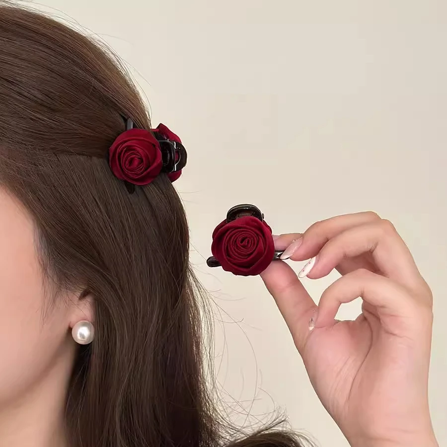 红色玫瑰花朵公主头抓夹发卡小号女侧边夹头饰发夹后脑勺半扎发饰