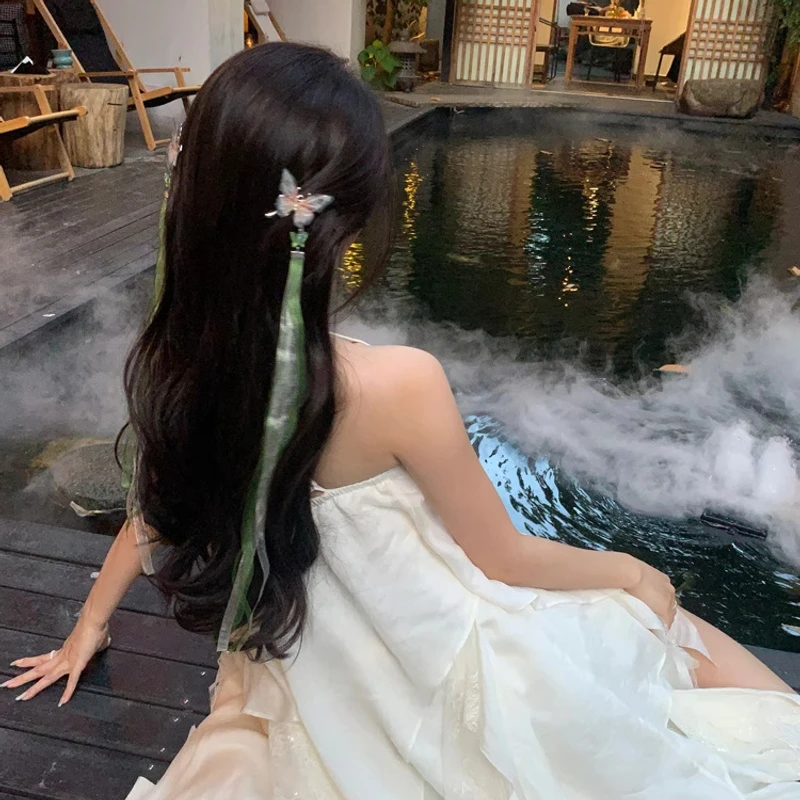晓梦仙蝶~新中式曼波绿幻彩蝴蝶飘带发夹后脑勺少女编发丝带头饰
