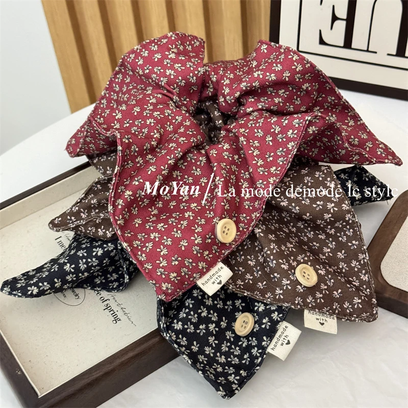 秋冬百搭碎花纽扣复古设计方巾发圈高级感布艺发绳气质扎头绳皮筋