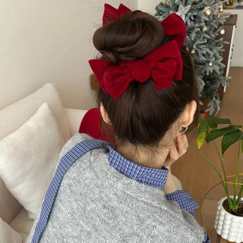 新年红色丝绒蝴蝶结丸子夹女后脑勺盘发固定发夹高级感气质鲨鱼夹