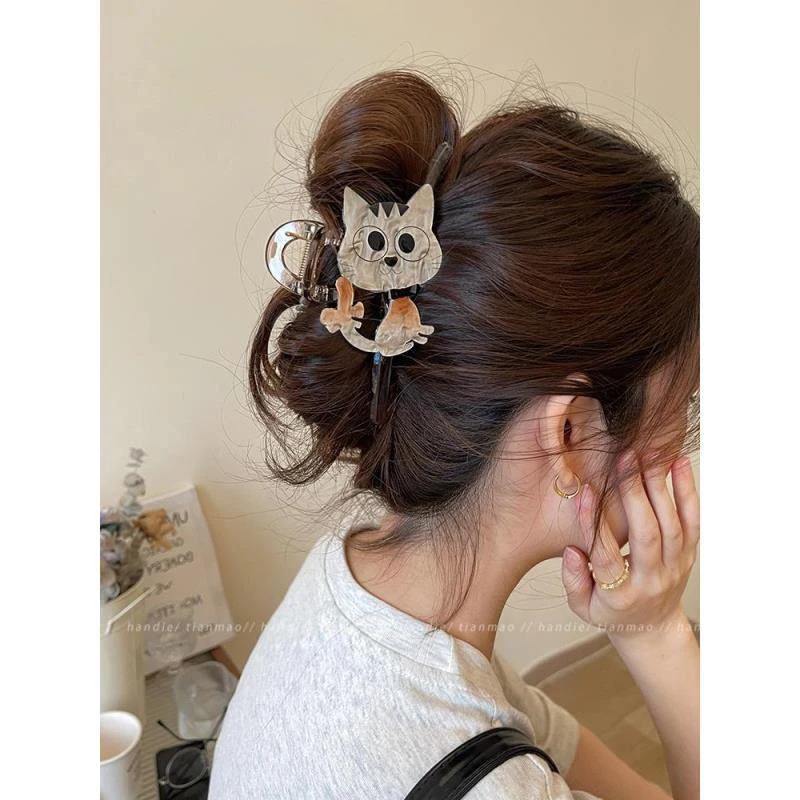 萌趣可爱小猫抓夹女2024新款高级感鲨鱼夹发夹后脑勺盘发头饰夹子