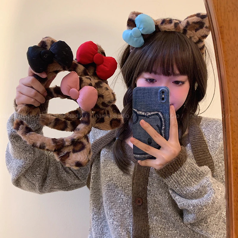 豹纹蝴蝶结发箍~可爱毛绒秋冬洗脸化妆束发带外出发卡少女心头箍