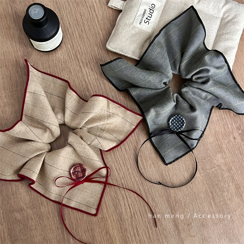 高级灰条纹纽扣蝴蝶结方巾四角大肠发圈丸子头扎马尾头绳发饰品