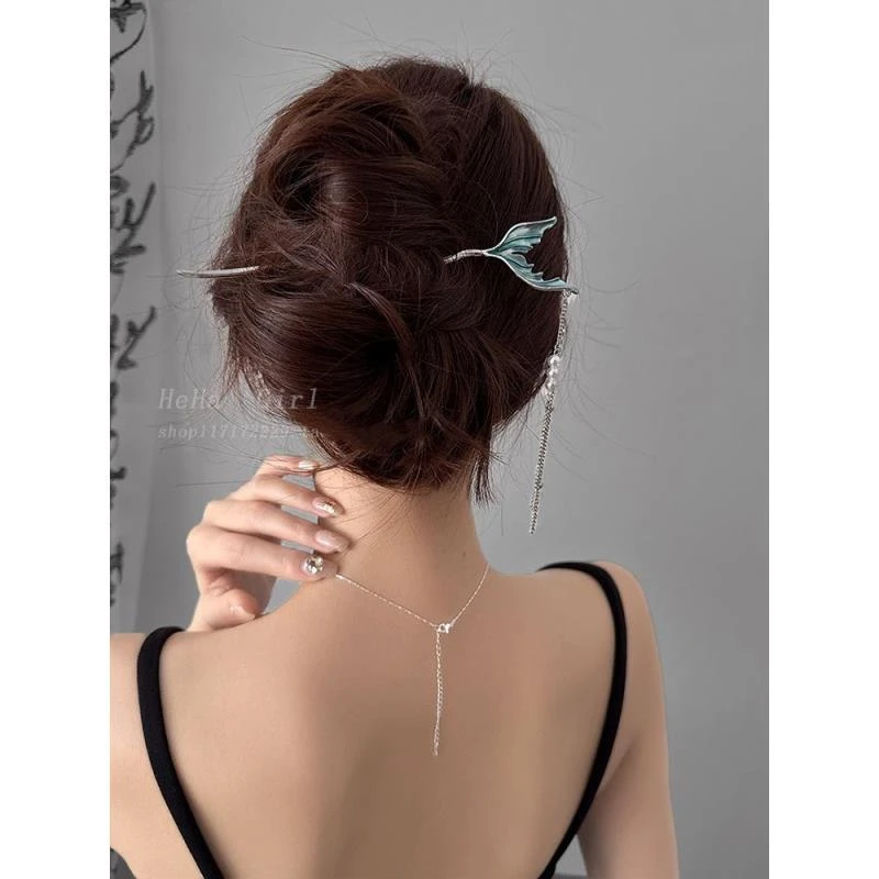 人鱼公主~蓝色鱼尾发簪新中式精致古风女高级感流苏发钗盘发簪子