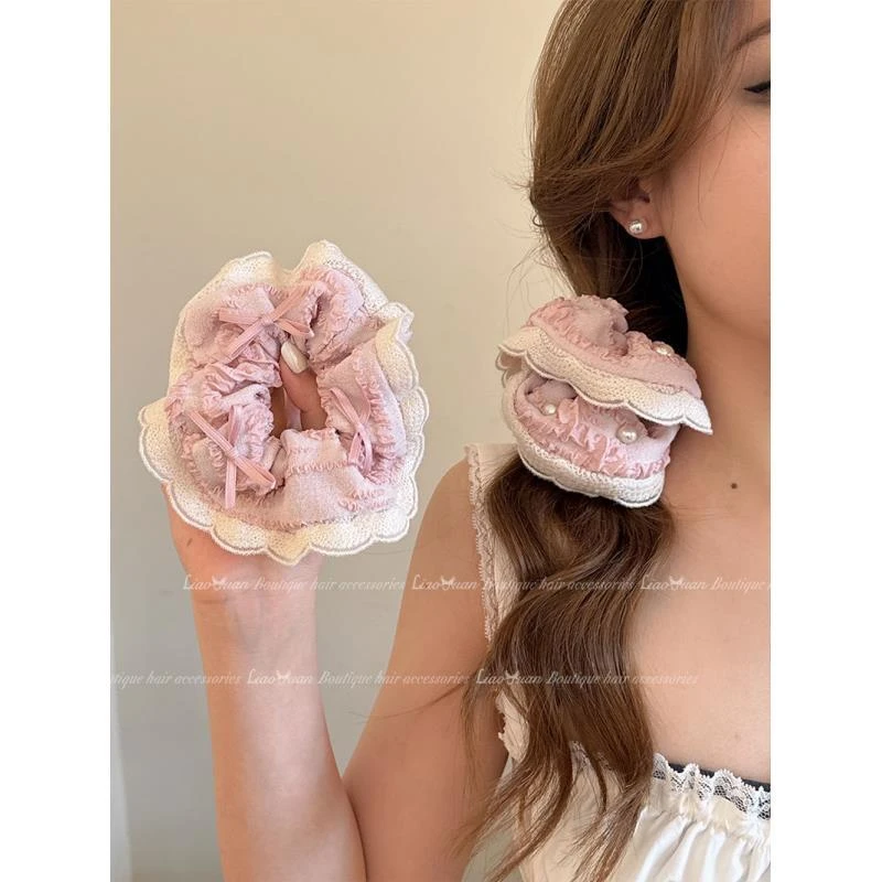 蜜桃心动~粉色大肠发圈头绳女2024新款高级感蕾丝花边扎头发皮筋