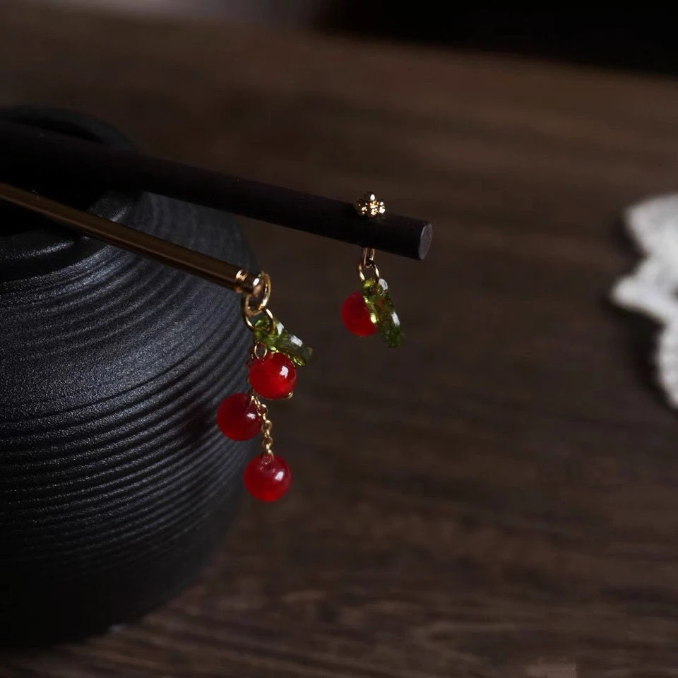 红色浆果森系复古木簪素簪日常盘发简约精致古风发簪学生可爱簪子