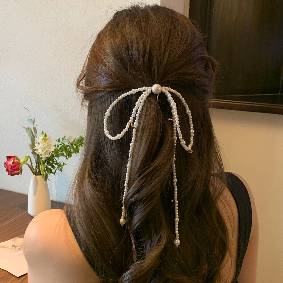 新款精致串珠蝴蝶结发夹女2024新款后脑勺半扎发发卡气质发簪发饰