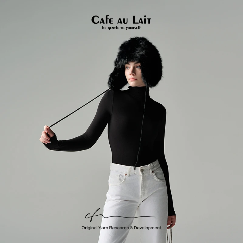 CAFE AU LAIT羊绒蛋白慕斯绒造型小高领打底衣  CM612