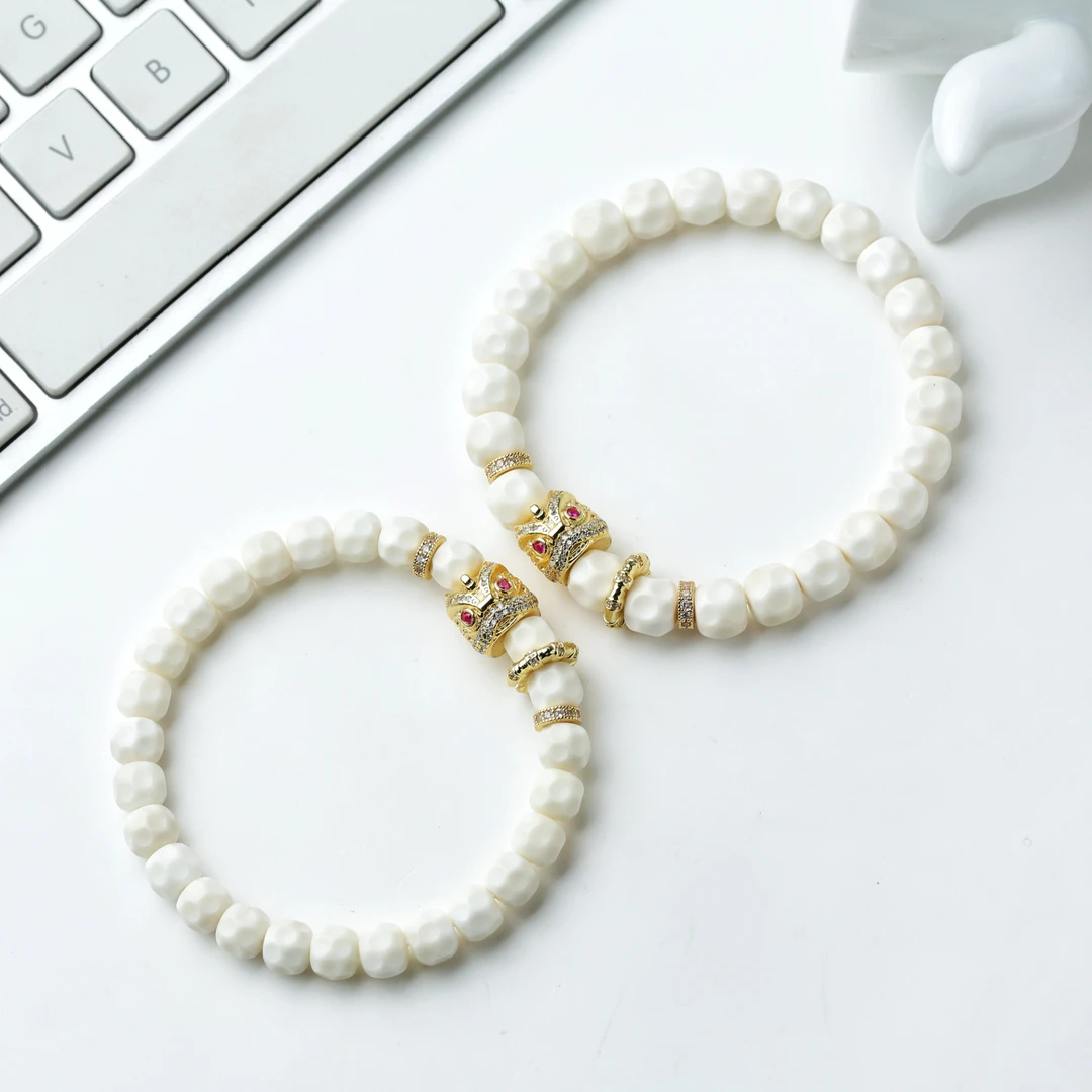 百顺文玩白玉菩提-醒狮-中式轻奢无相白玉菩提手串搭铜制电镀醒狮