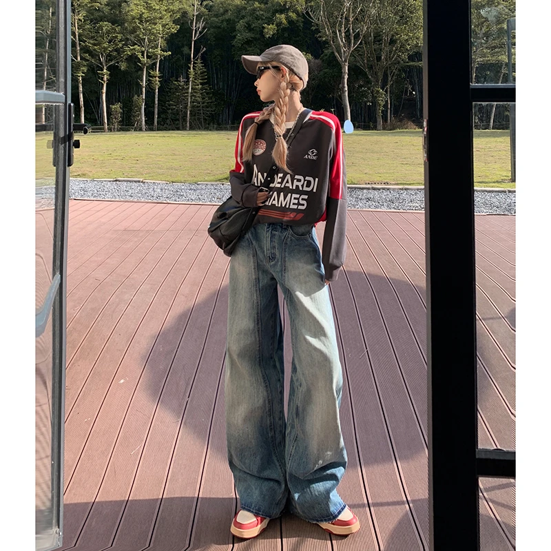 NORNLGGER美式复古高腰牛仔裤女早秋2025新款显瘦宽松弯刀阔腿裤