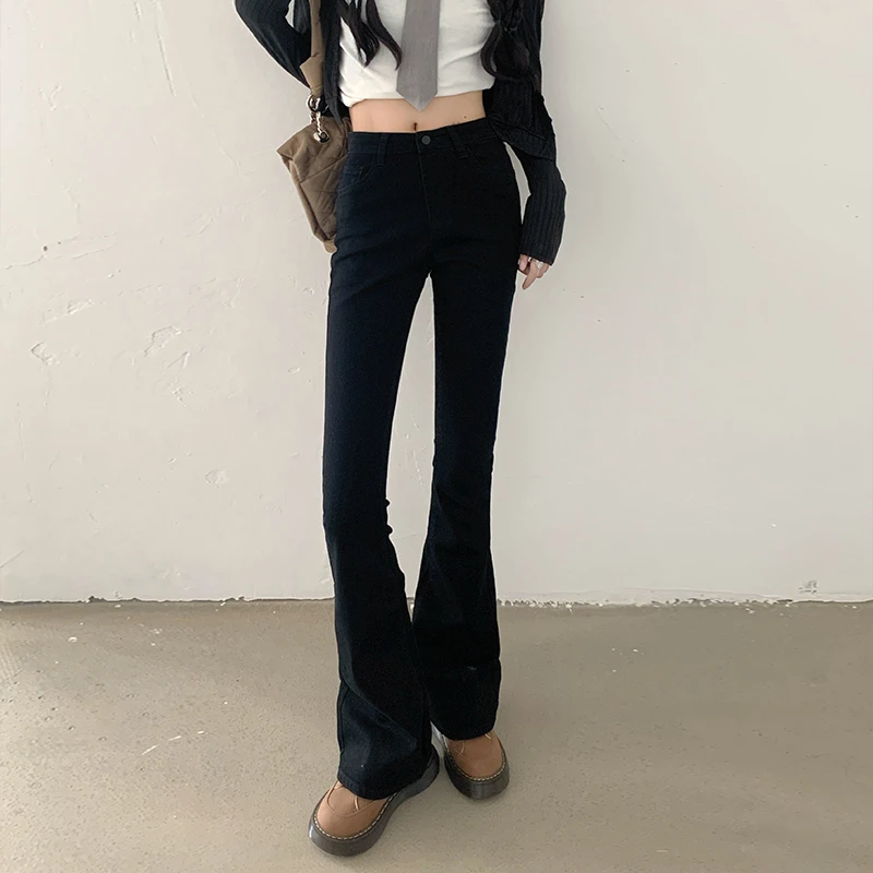 NORNLGGER 黑色高腰显瘦牛仔裤女新款修身弹力百搭微喇叭马蹄裤