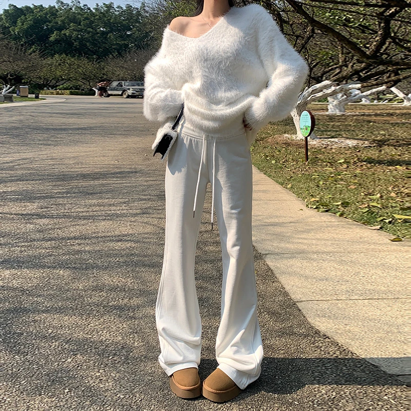 NORNLGGER 美式白色微喇叭瑜伽运动卫裤女春秋新款休闲垂感裤子