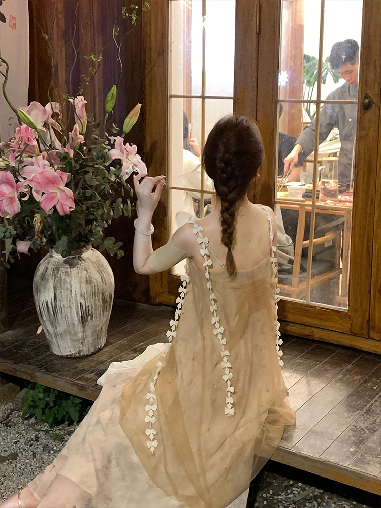 气质复古新中式国风网纱假两件吊带连衣裙超仙温柔风小众设计裙子