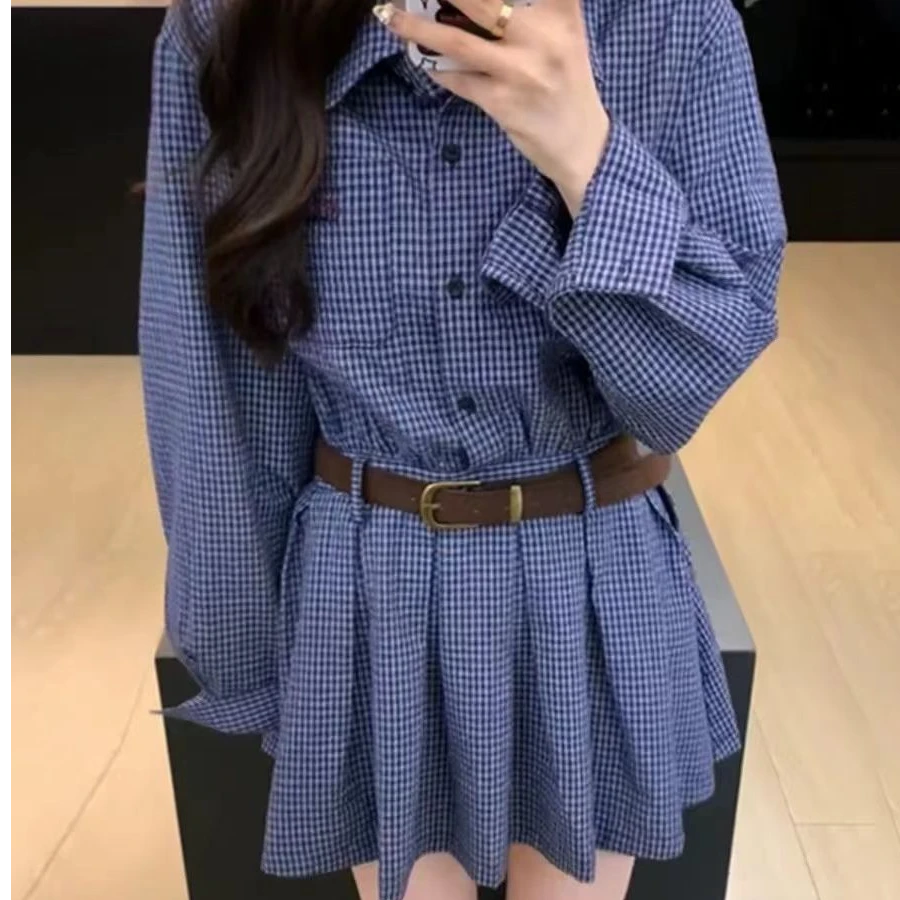 法式设计感蓝色格子衬衫连衣裙女新款小个子收腰气质短裙