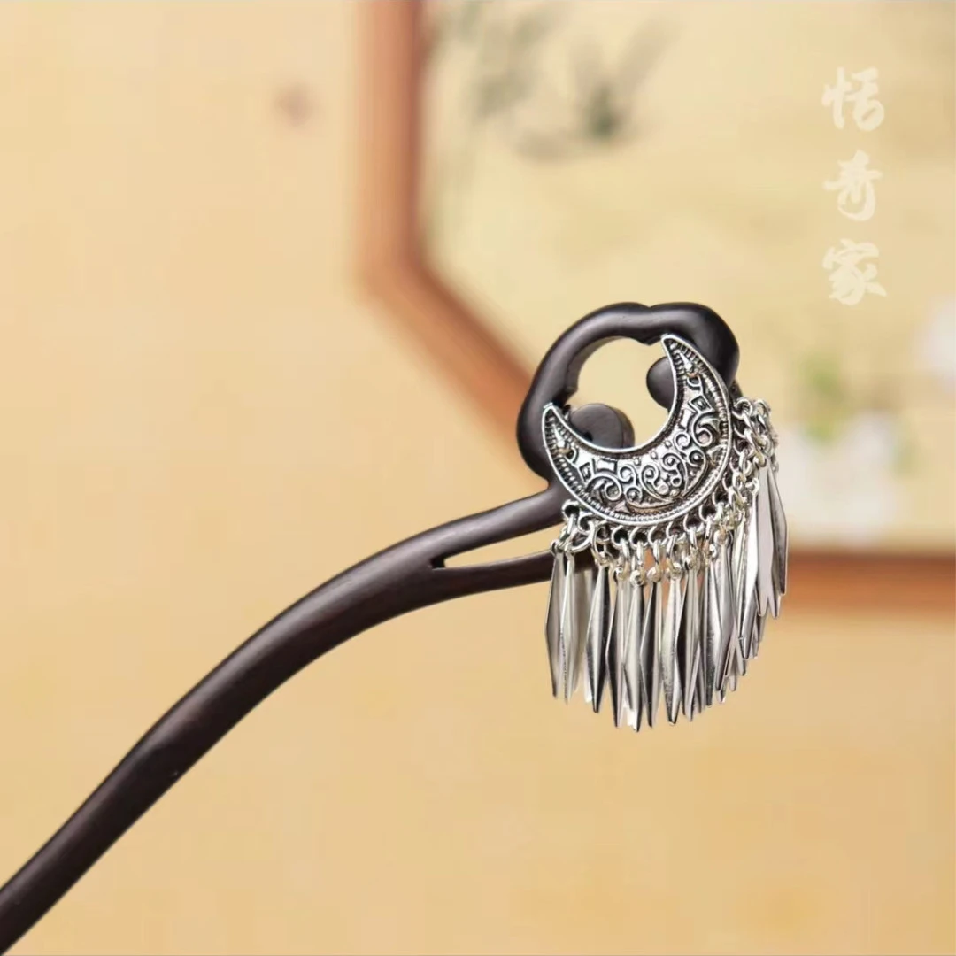 月牙高定古银手工木制发簪盘发簪子古风旗袍新中式木a53