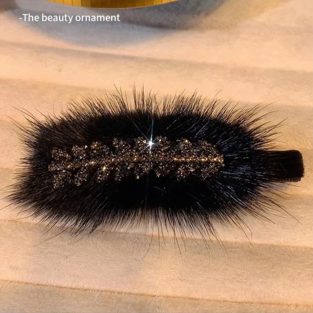 【麦穗边夹】新款鸵鸟毛优雅简约气质黑色百搭秋冬复古