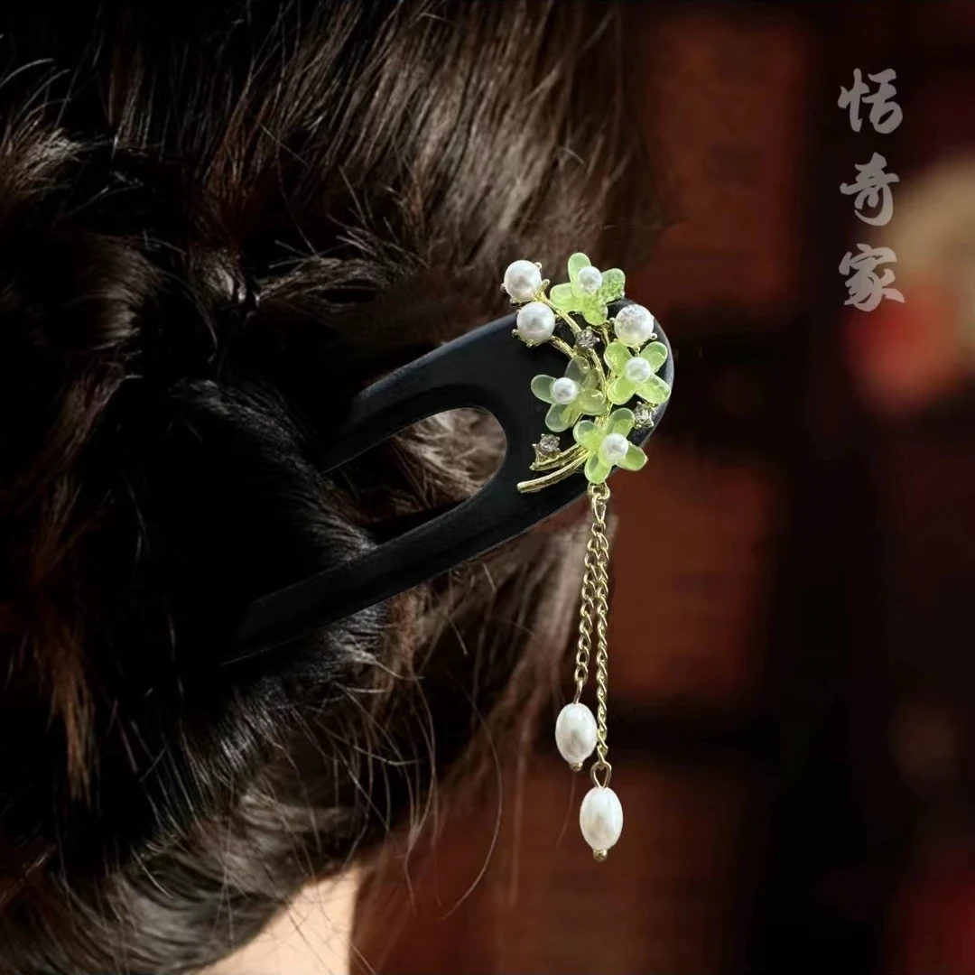【绿色桂花】高定手工木簪高级感仙气高级复古百搭双簪U型簪a109