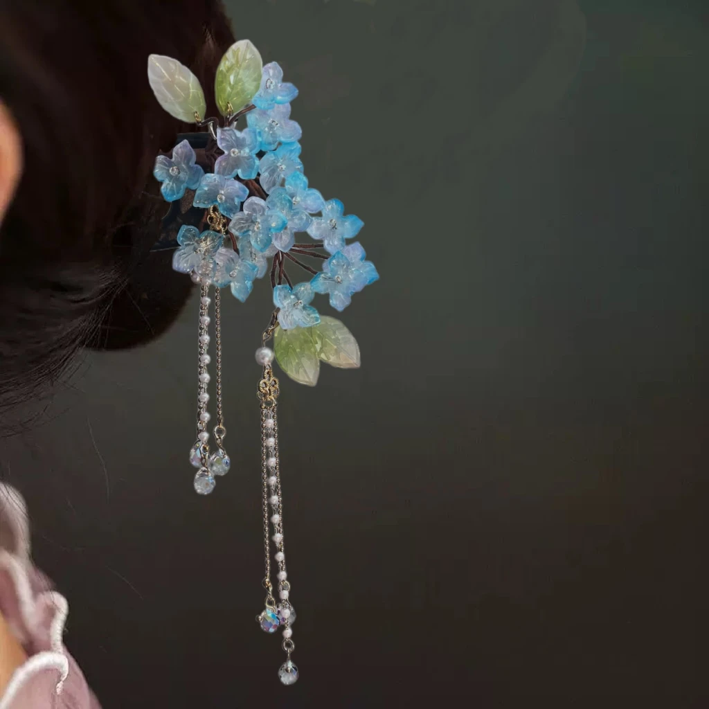 “玲珑雪”蓝色绣球花高定木质u型发簪双钗发钗中式发饰a175