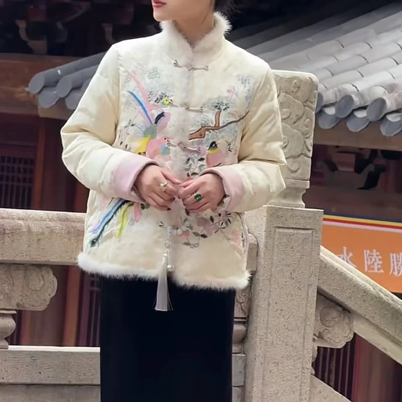 【百鸟】新中式冬季夹棉时尚气质重工刺绣复古盘扣百搭减龄棉服女