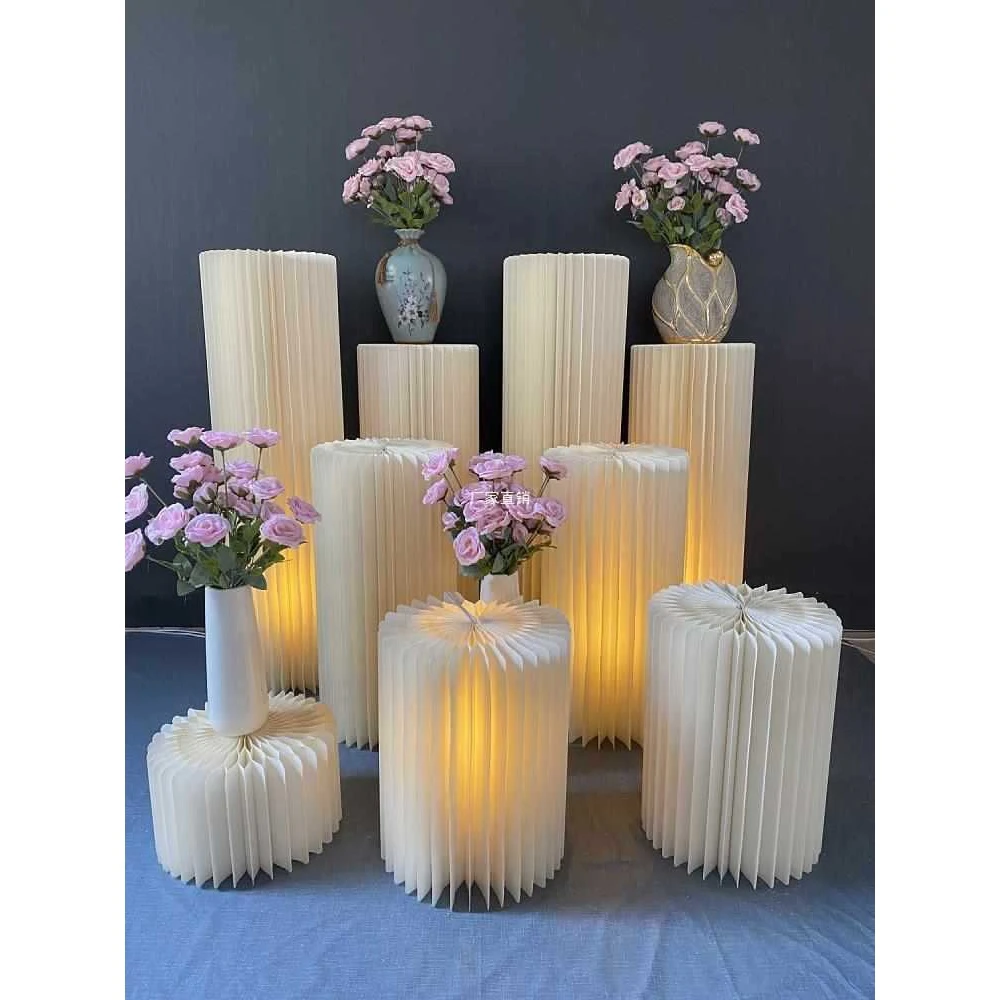 婚庆折叠圆柱甜品台柱子折纸罗马柱摆件圆形橱窗装饰生日蛋糕架子