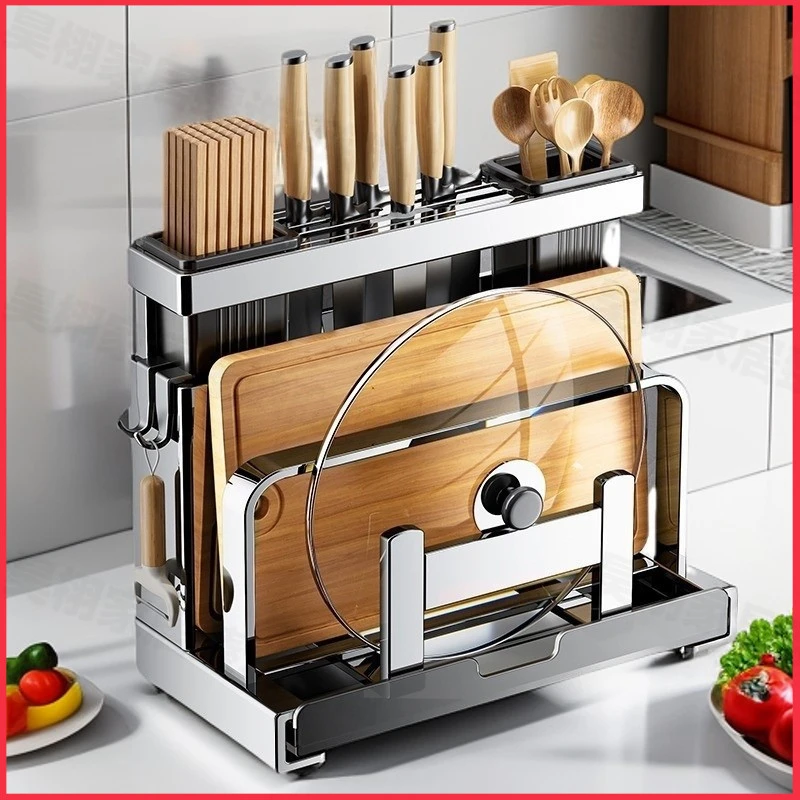 304刀架收纳架厨房砧板多功能菜板正品不锈钢置物架一体刀具锅盖