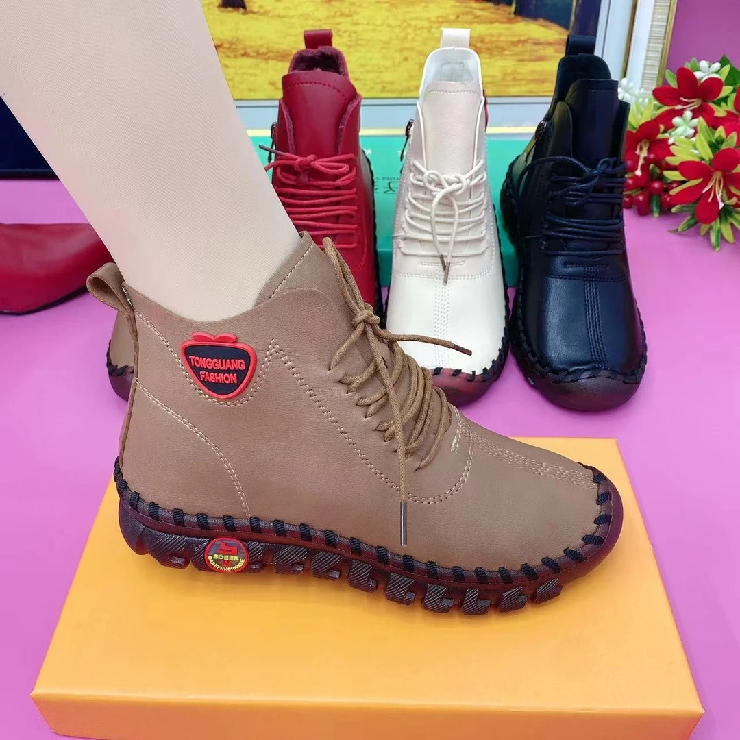 春秋新款舒适平底休闲高帮软底软面中年妈妈鞋女士单鞋圆头秋季