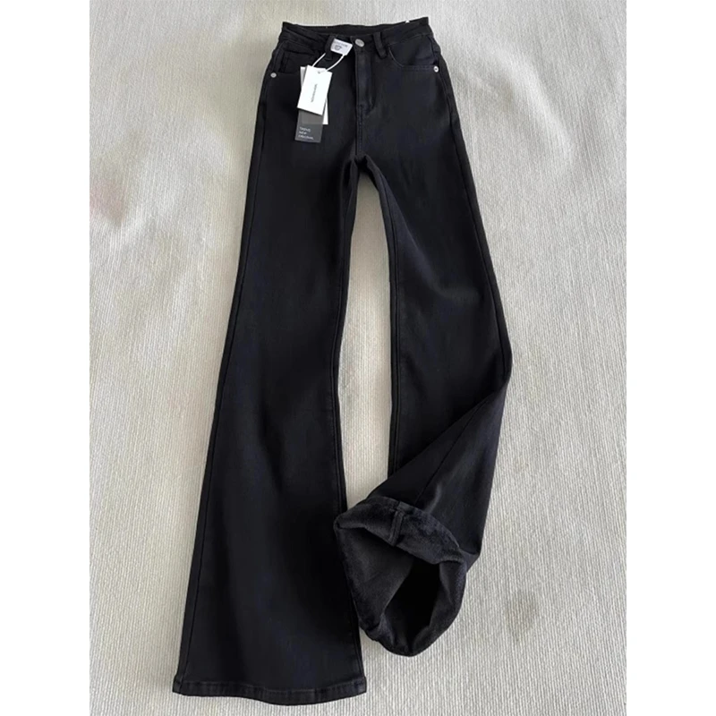 黑色加绒微喇牛仔裤女大码胖mm秋冬新款小个子高腰修身弹力喇叭裤