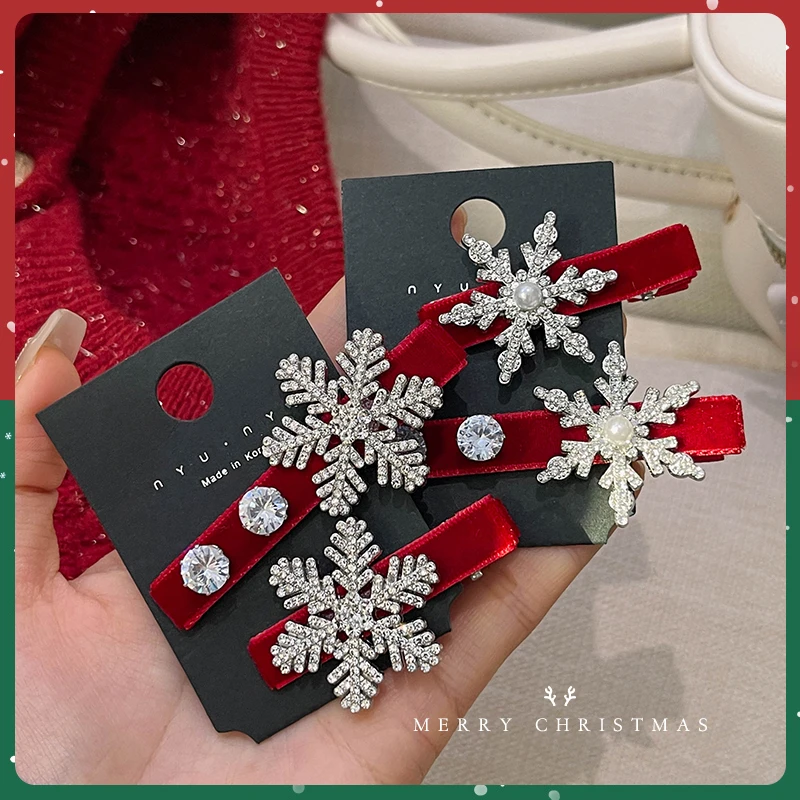 丝绒水钻雪花发夹女秋冬圣诞节头饰发卡侧边夹刘海碎发夹子配饰品