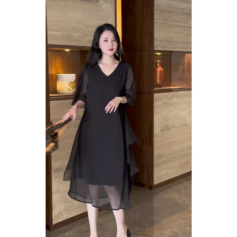 2377#时尚宽松连衣裙女2025夏季新款大码女装典雅显瘦气质裙子