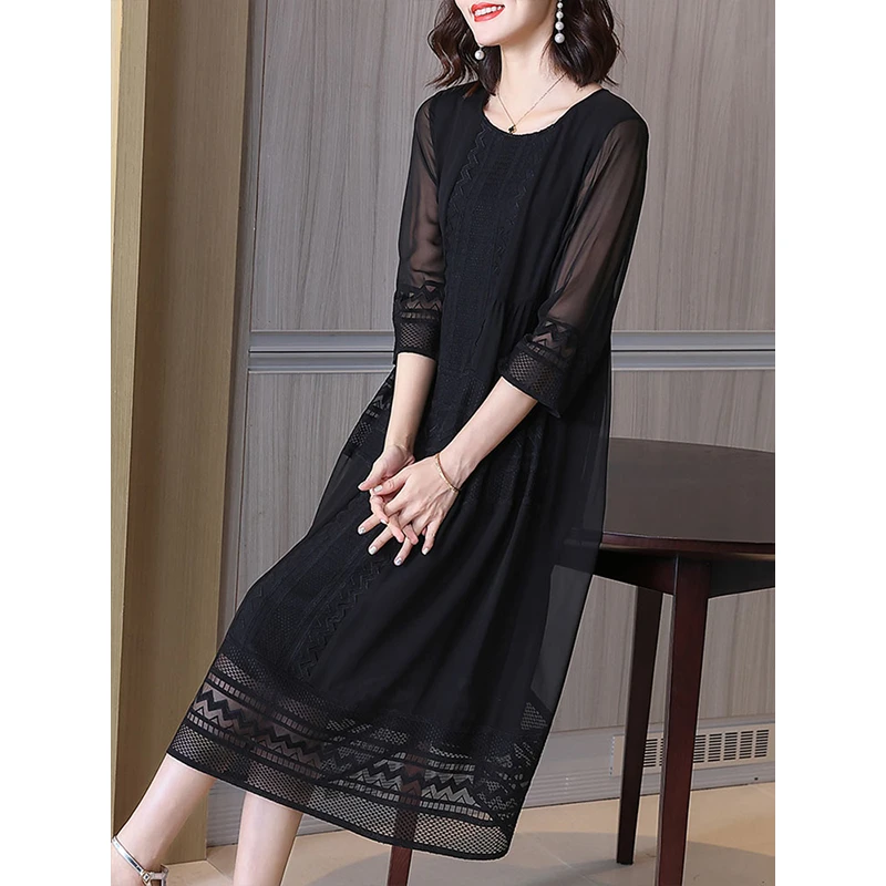 8848#时尚气质黑色连衣裙复古镂空新款春夏高端重工刺绣女装裙子