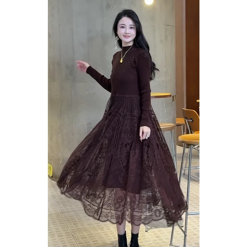 8207#半高领打底裙2024年新款配大衣蕾丝长裙假两件针织连衣裙