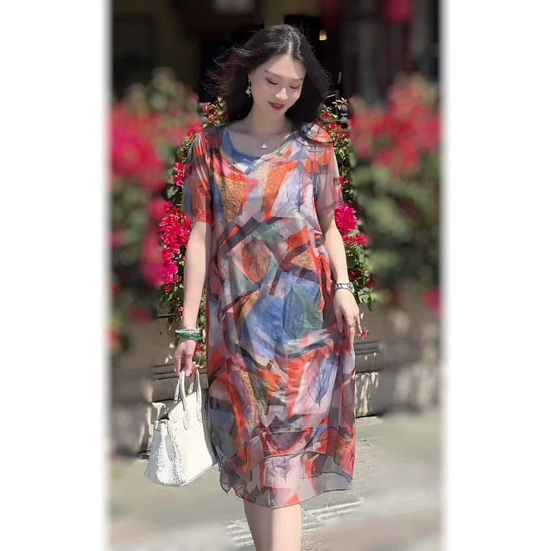 812#洋气妈妈夏装连衣裙女夏宽松胖mm遮肚子显瘦大码女装网纱裙子