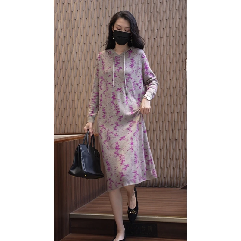 6107#针织卫衣裙女秋季新款大码显瘦女装胖mm气质宽松带帽连衣裙