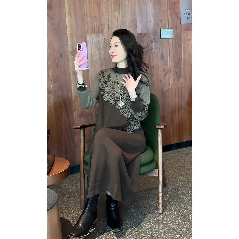 3075#妈妈高端打底连衣裙女长袖秋冬新款气质春秋大码女装裙子