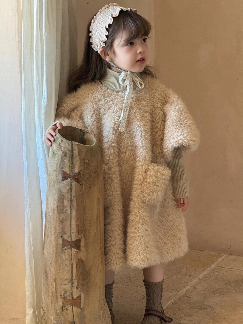 GUSHI·秋冬女童五分袖毛毛公主裙·高领毛衣