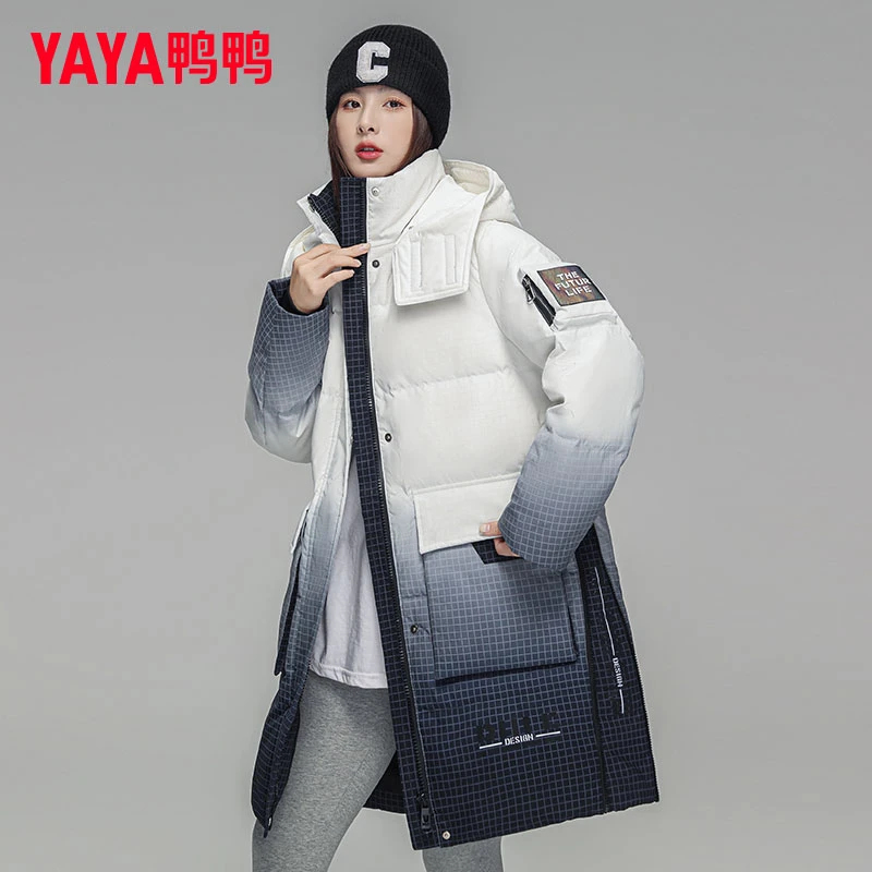 鸭鸭2025年新款渐变羽绒服女士中长款冬季休闲加厚连帽外套潮情侣