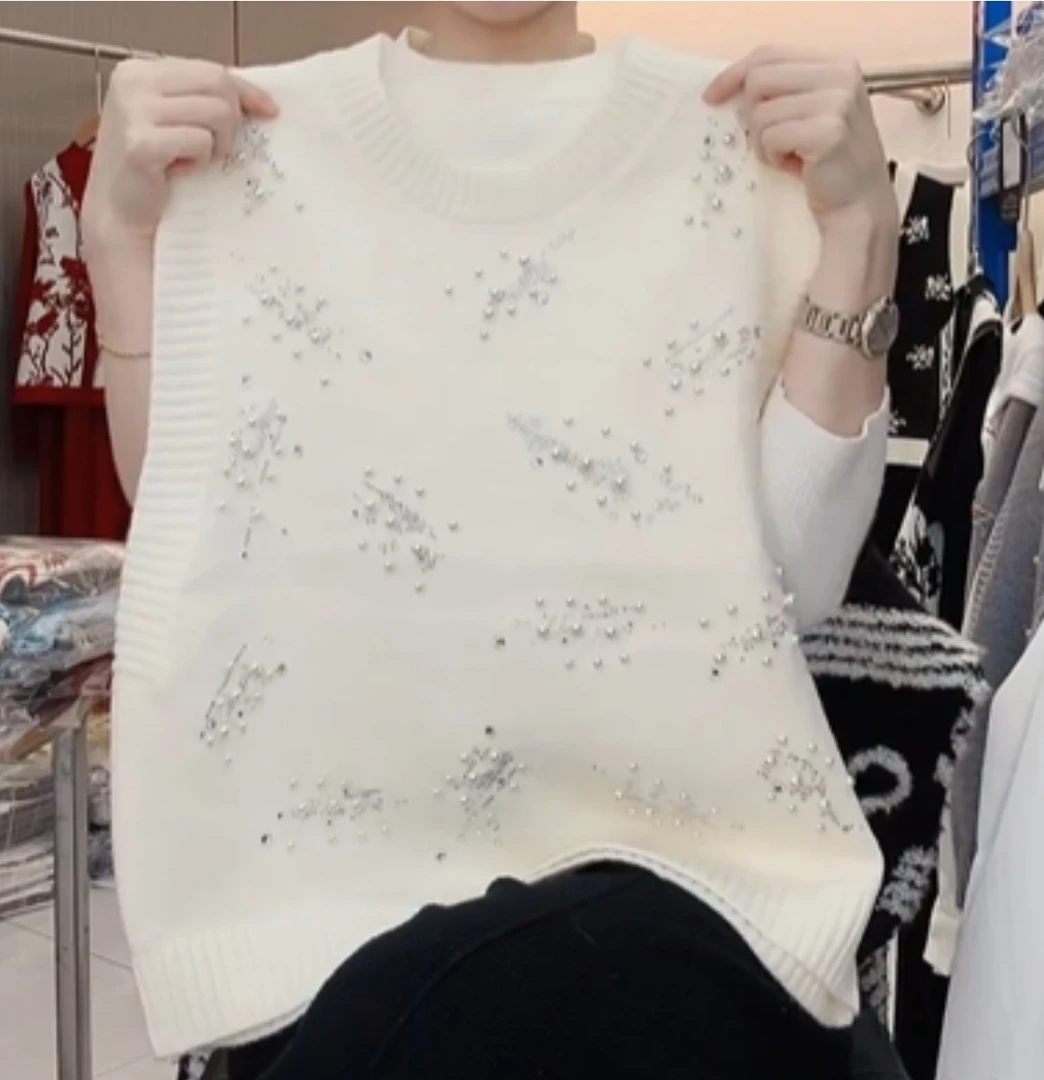 《妞妞》秋冬新款麦穗满钻针织马甲012565-杏色