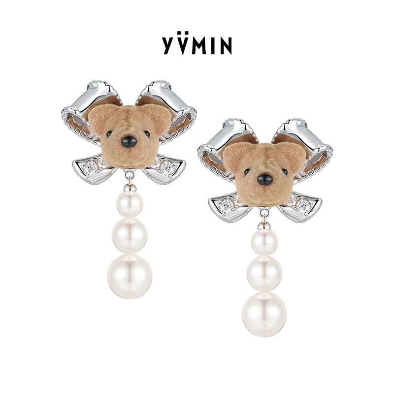 YVMIN/尤目 925银合成锆石耳饰 乐园系列 蝴蝶结小熊纯银耳钉