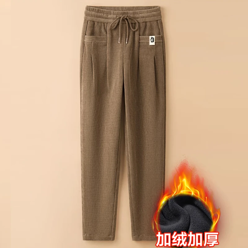 加绒灯芯条绒裤子女秋冬季加厚休闲裤高腰显瘦哈伦小脚宽松大码