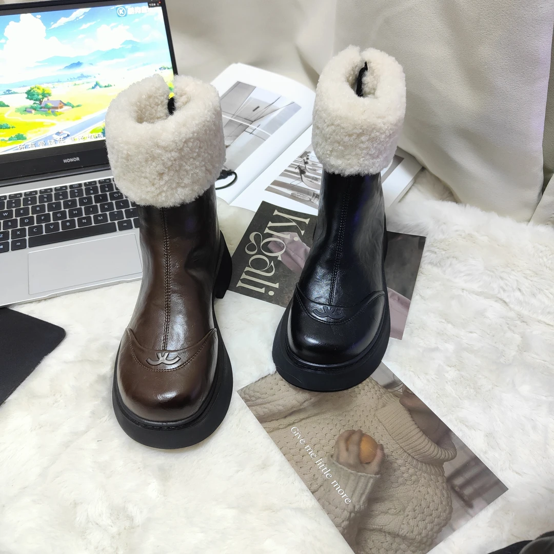 冬季新款毛毛口时尚高级女靴子加绒保暖增高显瘦百搭马丁靴真皮