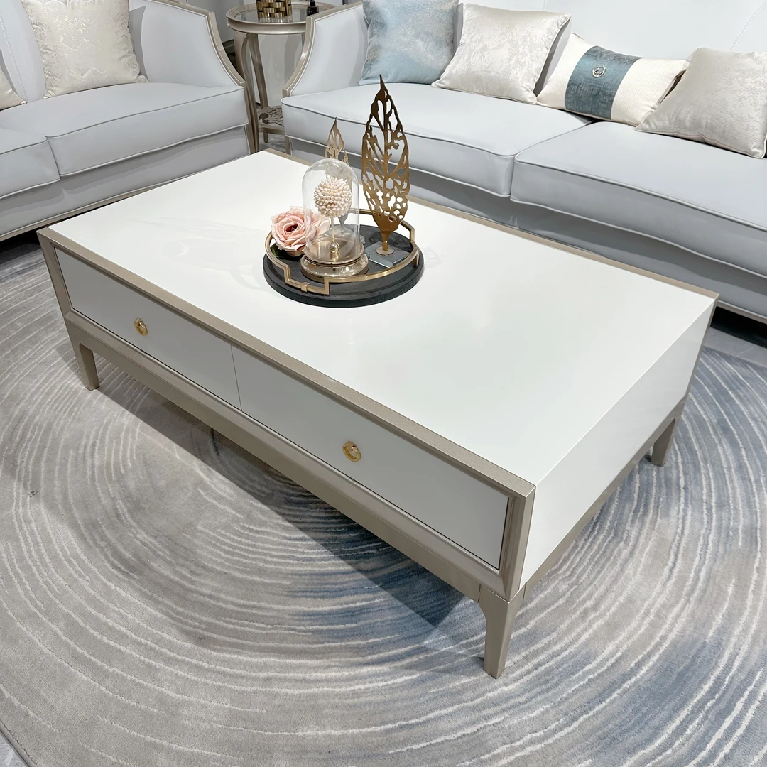 美式轻奢客厅白色配香槟银色实木长方形茶几/家用抽屉储物茶几///