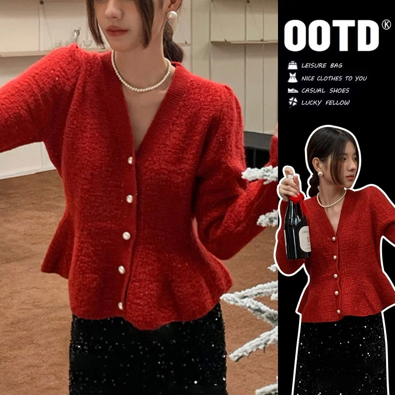 2024年秋冬圣诞穿搭红色针织毛衣女气质慵懒风宽松加厚上衣潮
