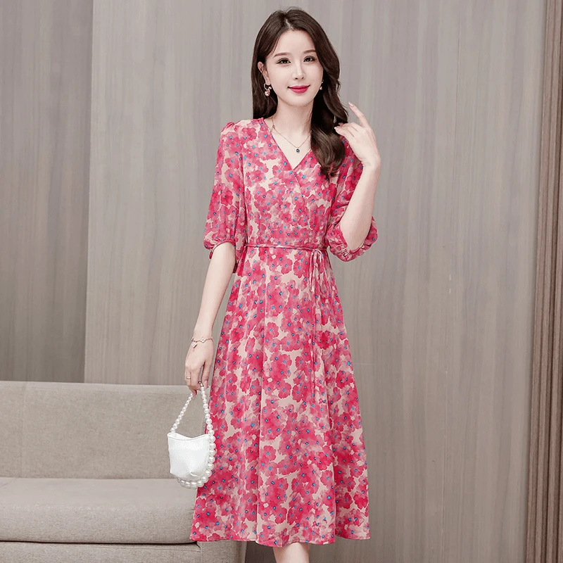 红色妖姬夏季新款碎花女装连衣裙显瘦气质女神范修身显瘦长款裙子