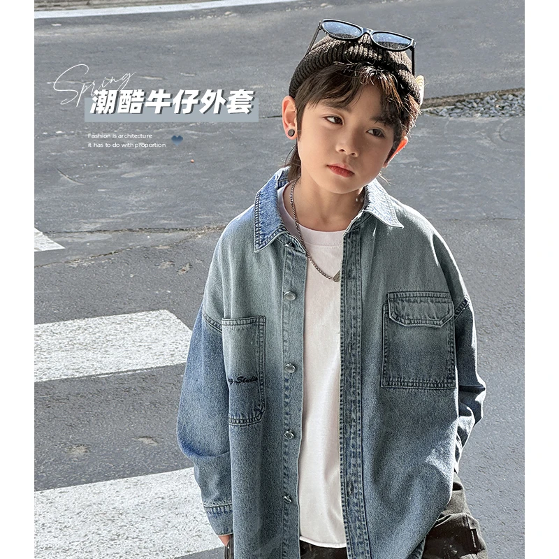 祯有范童装男童牛仔衬衫春秋款儿童外套新款潮流中大童长袖衬衣潮