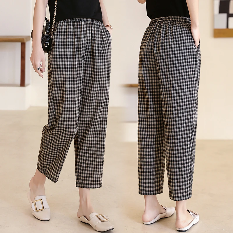 复古格纹窄版阔腿裤女高腰垂感夏季新款2024年显瘦爆款宽松休闲裤
