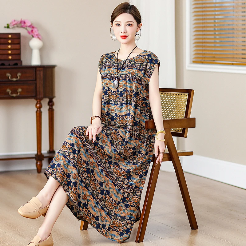 棉绸碎花短袖裙沙滩裙绵绸连衣裙夏人造棉裙海边渡假裙绵绸裙子女