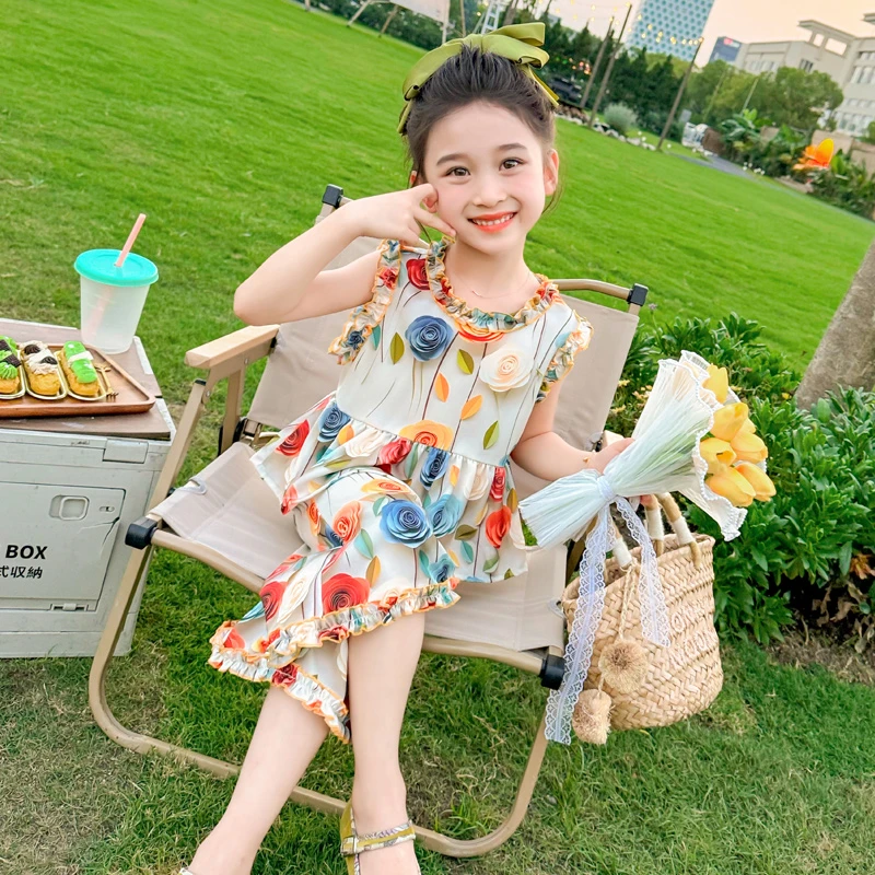 女童玫瑰花背心套装夏季新款洋气时髦女宝宝阔腿裤花朵两件套薄款