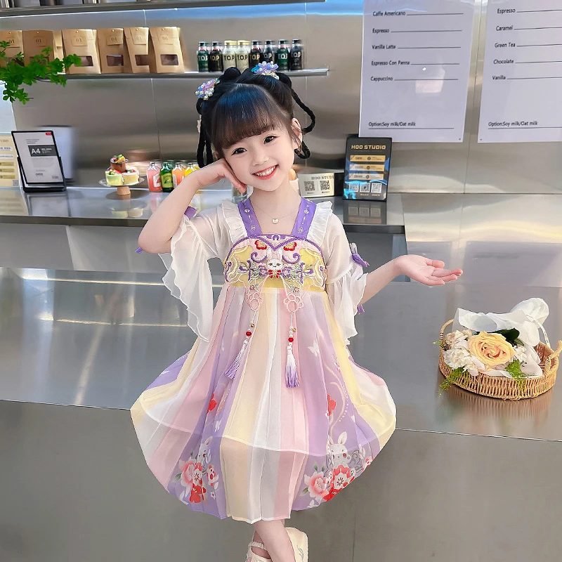 女童绣花小兔子汉服连衣裙夏季新款女宝宝古风新中式国风超仙雪纺