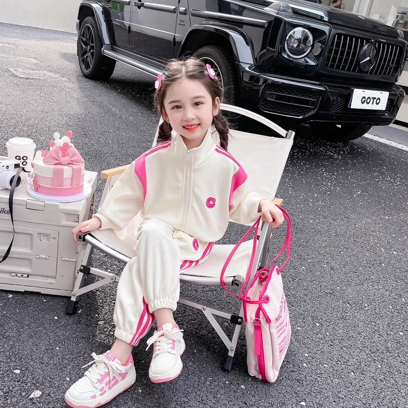 女童韩版拉条卫衣套装新款洋气时尚女宝宝C字休闲网红运动两件套